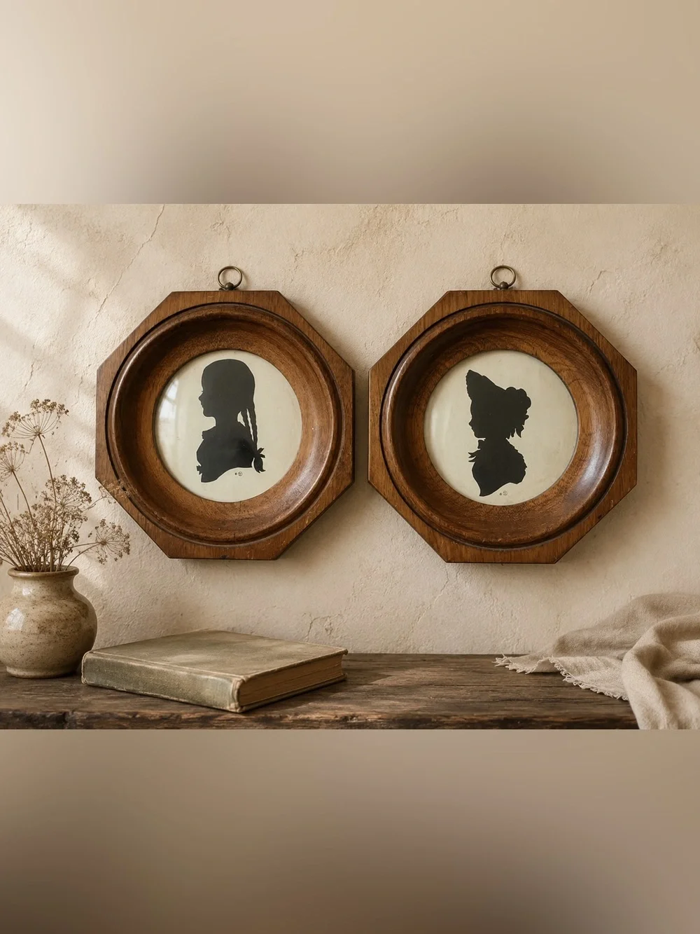 Vintage Silhouette Portrait Bubble Glass Wood Frames Pair Cottagecore